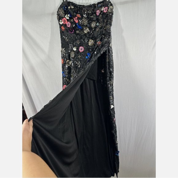 NWT $798 Mac‎ Duggal [ 14 ] Floral Sequined Strapless Slit Column Gown Black - Picture 13 of 16